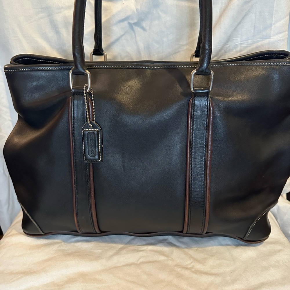 Black With Brown Trim Leather COACH Medium Tote